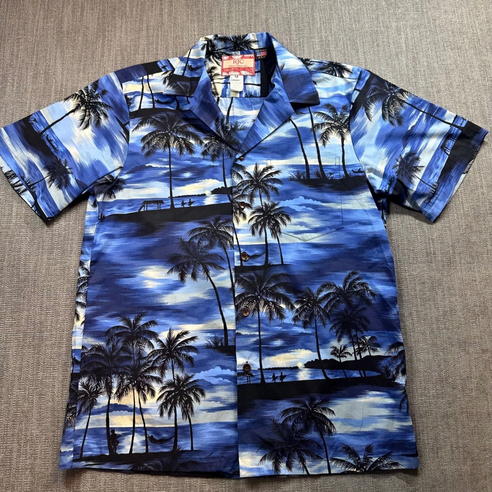 RJC Hawaiian Shirt Mens Medium Blue Palm Tree Tropical Made in Hawaii